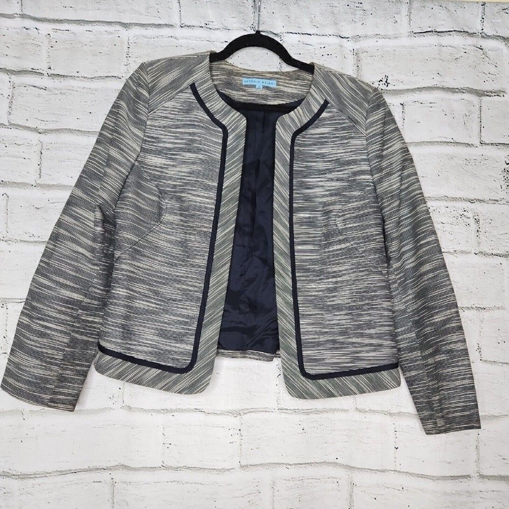 Antonio Melani Womens Long Sleeved White Navy Blue Striped Blazer Jacket  14